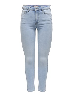 Vaaleansiniset skinny-farkut, jotka on valmistettu denimistä ja joissa on vetoketjusuljenta, viisi taskua sekä sileä pinta, jossa on minimaalista haalistumista.