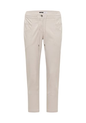 Beige slim-fit broek met elastische tailleband, knoop aan de voorkant, trekkoord en twee voorzakken.