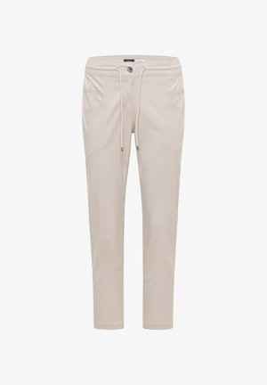 Pantalon beige slim fit avec une taille élastique, un bouton sur le devant, un cordon de serrage et deux poches avant.