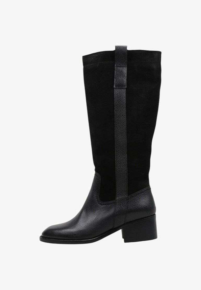 Black knee-high boots featuring a combination of smooth leather and textured suede, with a block heel and side panels for enhanced fit.