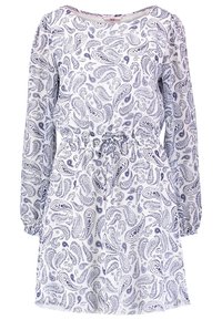 Vestido blanco de manga larga con estampado de paisley azul, escote redondo y detalle de cinta en la cintura.