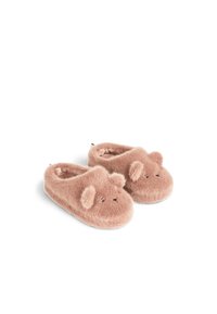 Rosa fluffiga tofflor med björninslag, rund form och små öron. Mjuk textur, lätt att ta på och minimalistisk detaljering.