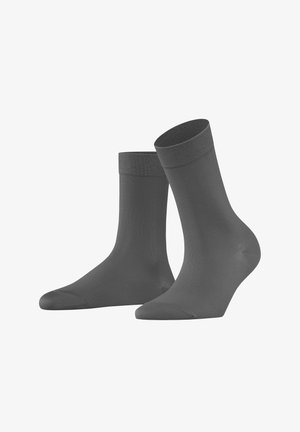 Gray cotton blend socks with a smooth texture, ribbed cuffs, and a medium crew length. Features a rounded toe design.