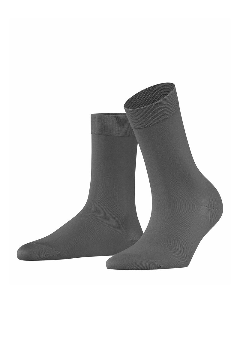 Calzini grigi in misto cotone con una texture liscia, polsini a coste e una lunghezza media fino al polpaccio. Presentano un design con punta arrotondata.