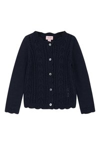 Navyblaue Strickjacke mit gewelltem Saum, Knopfverschluss und strukturiertem Muster aus Rautenformen. Glattes Material mit dekorativen Löchern.