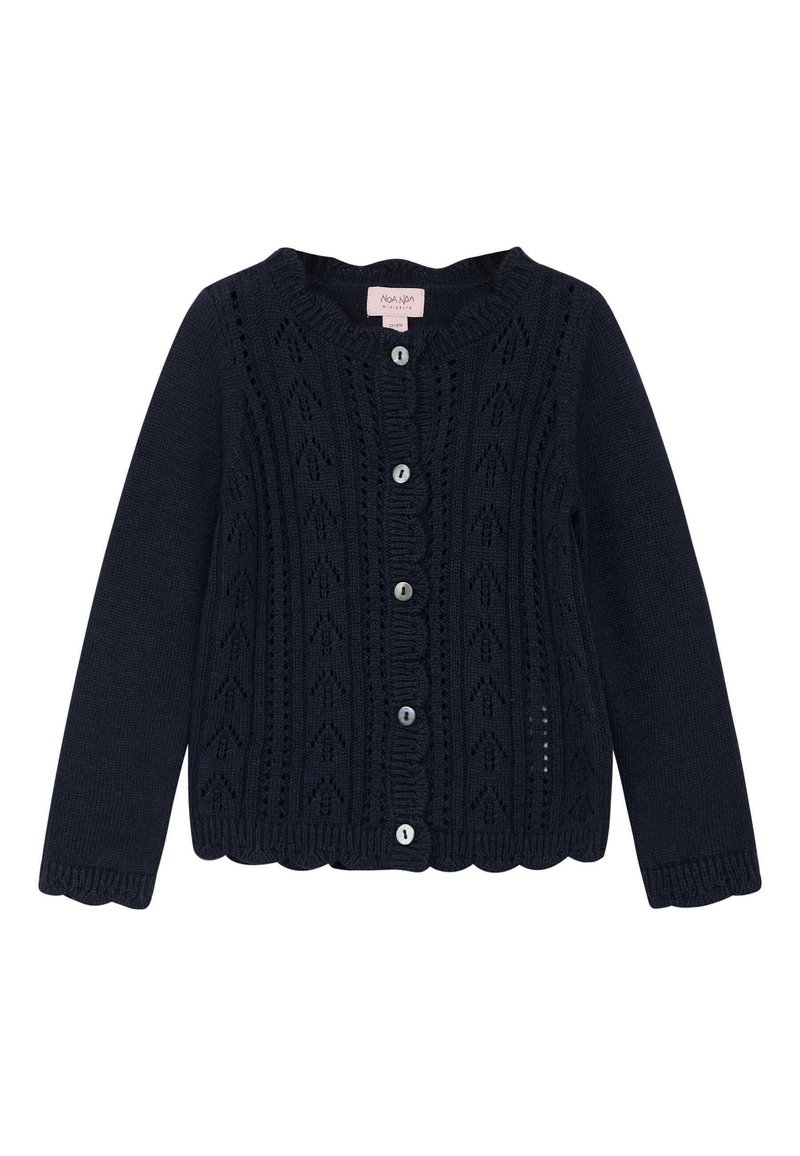 Navyblaue Strickjacke mit gewelltem Saum, Knopfverschluss und strukturiertem Muster aus Rautenformen. Glattes Material mit dekorativen Löchern.