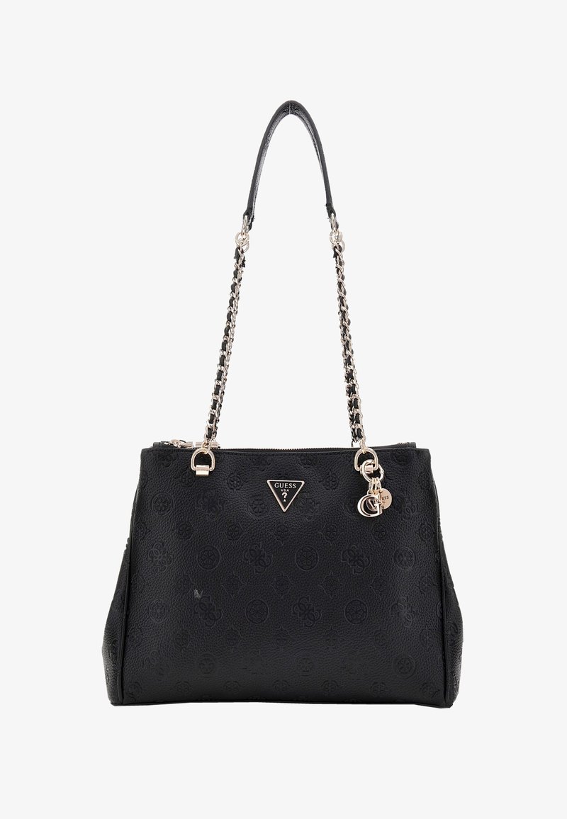 Borsa a tracolla nera in materiale sintetico con superficie testurizzata, dotata di un emblema con logo, tracolla decorata con catena e finiture in tonalità oro.