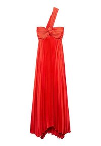 Abito maxi plissettato rosso con design a spalla unica e dettaglio del busto annodato, caratterizzato da un orlo fluente e una texture morbida.