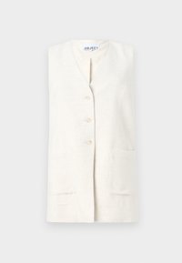 Linen vest in cream color with a v-neckline, five button closure, and two front pockets. Textured fabric with a natural finish.
