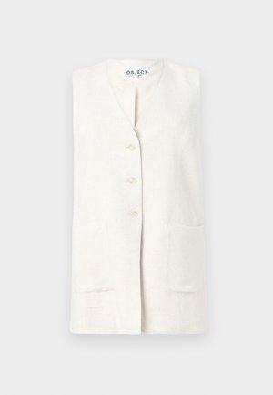 Linen vest in cream color with a v-neckline, five button closure, and two front pockets. Textured fabric with a natural finish.
