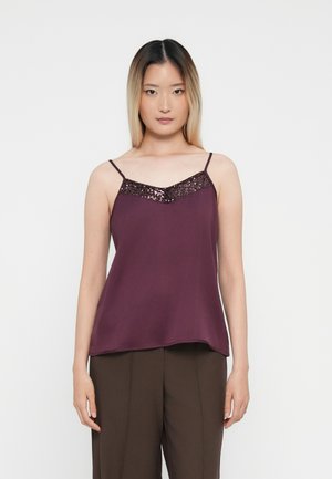 Purple camisole with a V-shaped neckline accented by sequins, featuring thin straps and a soft, flowing fabric.