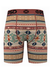 Boxeri cu baza bej, cu un pattern tribal în turcoaz, portocaliu, roșu și bleumarin. Talie elastică cu branding PSD.
