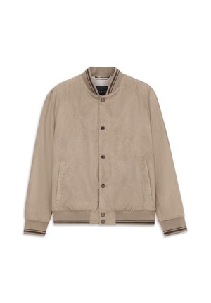 Beige Wildleder-Bomberjacke mit Druckknöpfen, geripptem Kragen, Bündchen und Saum, die dunkelbraune Streifen aufweisen, sowie seitlichen Leistentaschen.
