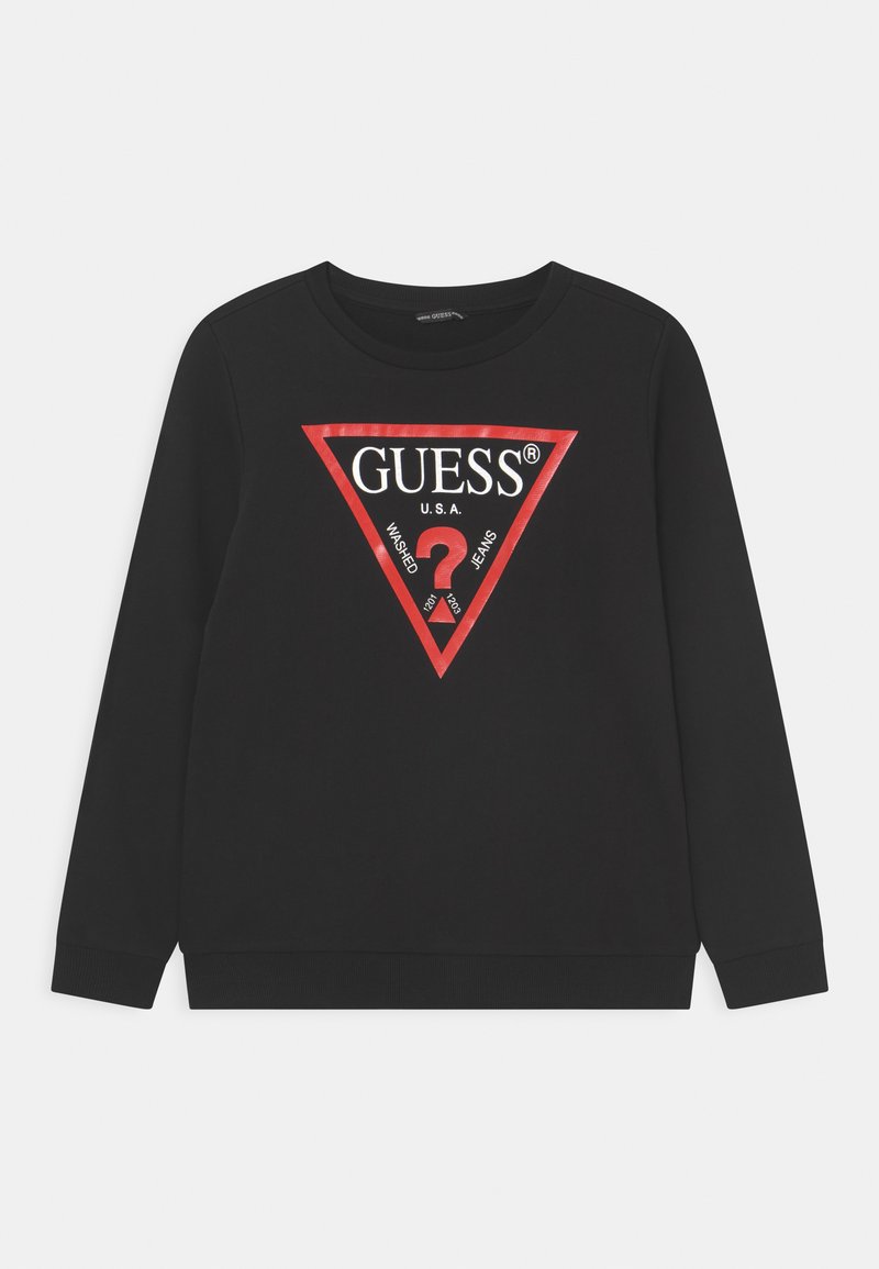 Svart hettegenser med grafikk i rødt som viser en triangel med teksten "GUESS U.S.A" og "WASHED JEANS", laget av mykt stoff og med rund hals.