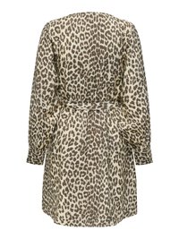Vestito a maniche lunghe con cintura e stampa leopardata beige e marrone, visto da dietro.
