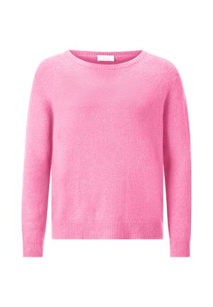 Maglione rosa realizzato in morbido tessuto testurizzato. Presenta maniche lunghe, collo rotondo e polsini e orlo a costine. Finitura liscia con colore uniforme.