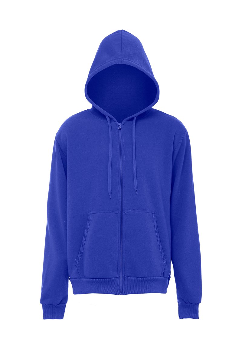 Blå zip-up hættetrøje lavet af blødt stof, med frontlynlås, to forlommer og en justerbar snoretræk hætte.