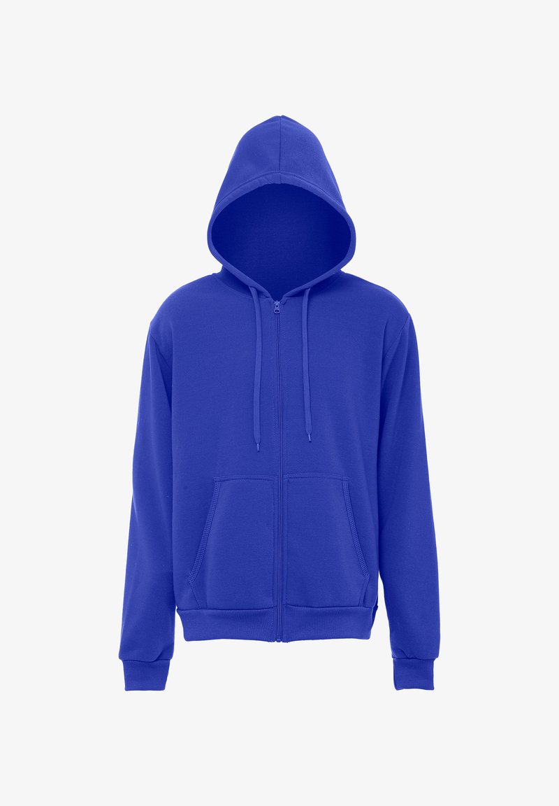 Kék cipzáras kapucnis pulóver, puha anyagból készült, elöl cipzárral, két elülső zsebbel és állítható zsinórral ellátott kapucnival.