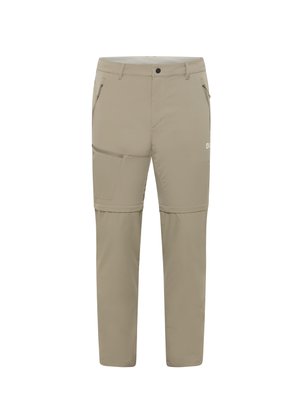Pantalons d'extérieur beiges en tissu léger, dotés de poches zippées, coupe droite et texture lisse. Adaptés à une utilisation polyvalente.