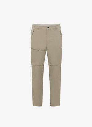 Pantaloni esterni beige realizzati in tessuto leggero, dotati di tasche con zip, taglio dritto e una texture liscia. Adatti per un uso versatile.