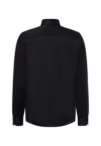Schwarzes Langarmhemd mit glatter, glänzender Textur, standardmäßigem Kragen und geknöpften Manschetten, in einfarbiger Ausführung und taillierter Passform.