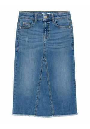 Blå denim nederdel til knælængde med forreste slids, design med fem lommer, knaplukning og rå kantdetaljer.