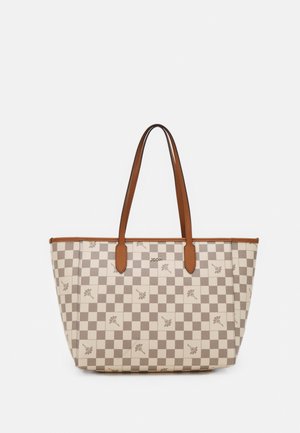Beige und taupe karierter Tote-Beutel mit kleinen floralen Motiven, braunen Ledergriffen und einem "JOOP!"-Logo in der Mitte vorne.