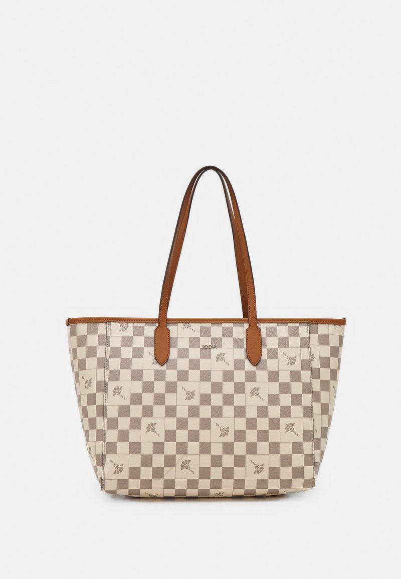 Sac cabas à carreaux beige et taupe avec petits motifs floraux, anses en cuir marron et logo "JOOP!" au centre devant.