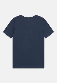 Navy blue short-sleeve cotton t-shirt with a crew neck, plain, featuring smooth texture and neat stitching along the edges.
