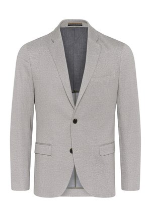 Light grey blazer with a textured fabric, notched lapels, two-button closure, and flap pockets. Lined interior with a contrasting color.