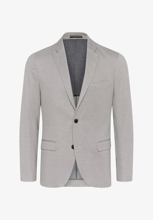 Heled hall blazer tekstureeritud kangaga, sakilise kraega, kahe nööbiga kinnitamine ja volditud taskud. Vooderda sisemus kontrastset värvi.