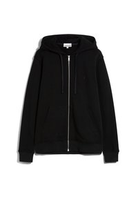 Felpa nera con zip realizzata in tessuto morbido, dotata di cappuccio con cordino, due tasche frontali e un logo ricamato discreto sul petto.