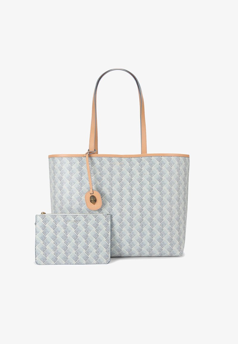 Borsa a tracolla blu intrecciata con dettagli in pelle color marrone e una pochette abbinata removibile, caratterizzata da un motivo testurizzato e doppie spalline.