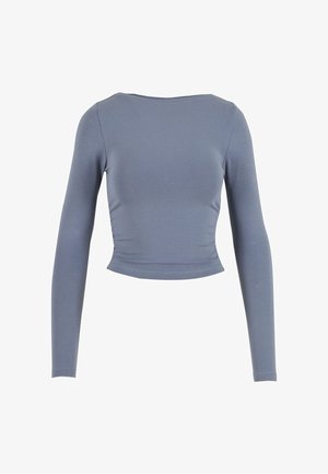Ilgi piedurkņu cropped tops mīkstā, elastīgā audumā; ar apaļu kakla izgriezumu un savērtām sānu detaļām, pelēkzilā krāsā.