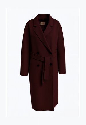 Burgundy wool blend coat with a shawl collar, double-breasted buttons, and a matching fabric tie belt, featuring long sleeves and a straight cut.