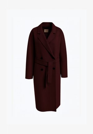 Burgundy wool blend coat with a shawl collar, double-breasted buttons, and a matching fabric tie belt, featuring long sleeves and a straight cut.