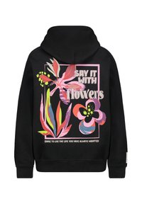 Zwarte hoodie met een kleurrijke bloemmotief op de achterkant, met de tekst "Zeg het met bloemen" in een omlijnd ontwerp en een positieve spreuk.