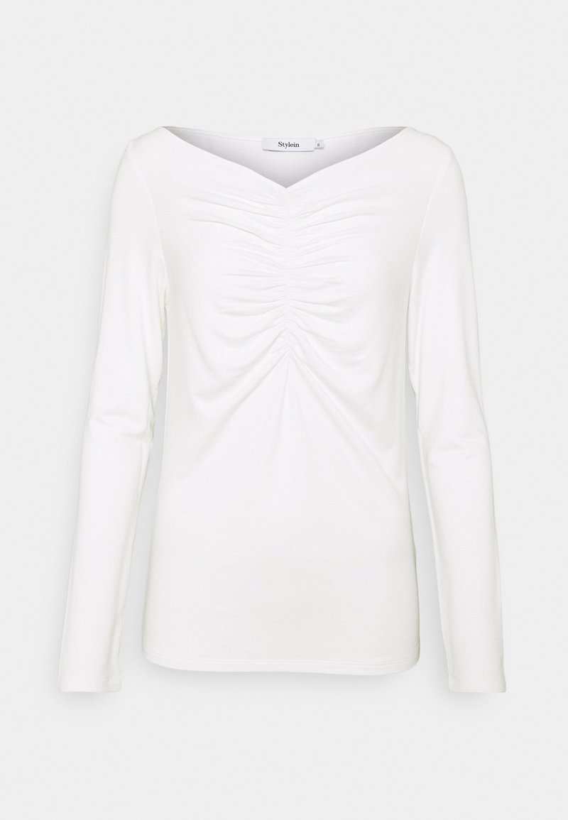 Bílý dlouhý rukáv top s výstřihem do V a řasením v přední části, vyrobený z měkkého, elastického materiálu, s přiléhavým střihem.