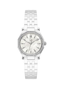 Bílý keramický osmihranný hodinky s ciferníkem z perleti, stříbrnými akcenty a lunetou osazenou krystaly. Náramek má design z článků.