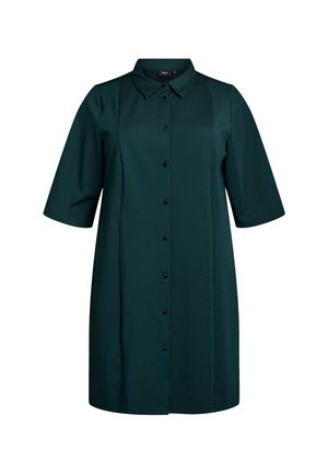 Robe noire verte à mi-cuisses avec des manches courtes, devant boutonné et col pointu, présentée sur un fond blanc.