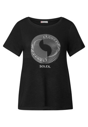 Zwart t-shirt met korte mouwen van zachte stof, met een witte cirkelvormige grafische ontwerp met lijnen en het woord "SOLEIL" eronder.