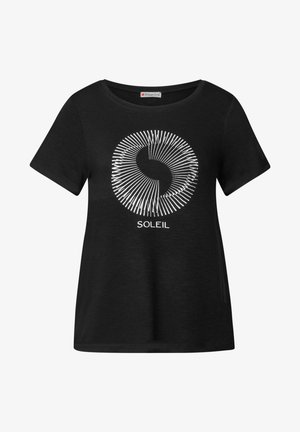 Svart kortärmad t-shirt i mjukt material, med en vit cirkulär grafisk design med linjer och ordet "SOLEIL" nedanför.
