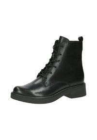 Schwarze Leder-Stiefeletten mit glatter Textur, runder Spitze, Schnürdesign und niedrigem, blockigem Absatz. Verfügt über eine Zuglasche hinten.
