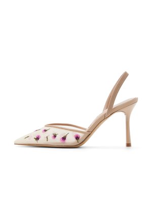 Escarpin beige à bride arrière, talon haut, bout pointu avec broderie florale rose sur tulle transparent.