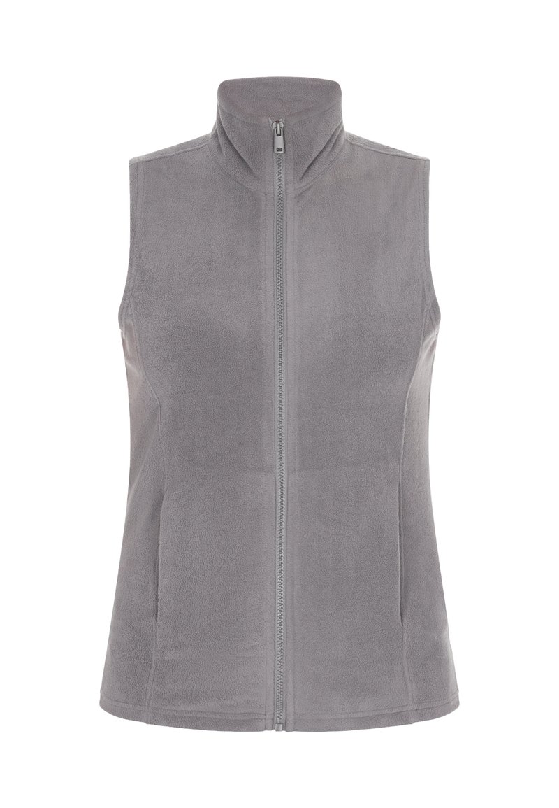 Vest din fleece gri cu guler înalt și fermoar frontal. Prezintă o textură moale, design fără mâneci și fără modele sau accente vizibile.