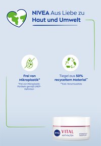 Nivea VITAL anti-aging cream in a round white jar with a blue logo and pink accents, made from 50% recycled material.