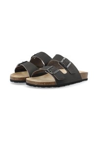 Sandali neri con due strap regolabili e fibbie in argento, soletta in sughero e suola in gomma per una buona aderenza. Superficie liscia e design piatto.