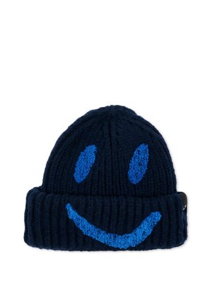 Gorro de punto azul oscuro con puño doblado y dos ojos ovalados azules y una sonrisa curva bordados en la parte delantera.