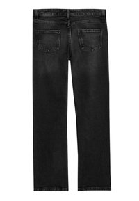 Pantalones vaqueros de mezclilla negra con una silueta de pierna recta, que cuentan con dos bolsillos traseros y un acabado limpio sin desgaste o adornos visibles.