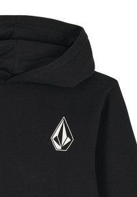 Czarna bluza z kapturem, z srebrnym geometrycznym logo na lewej stronie klatki piersiowej. Wykonana z bawełnianego materiału o miękkiej teksturze.